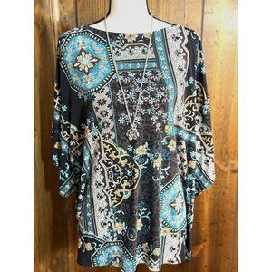 Chicos Womens XXL Paisley Floral Print Tunic Top With Necklace Black Teal